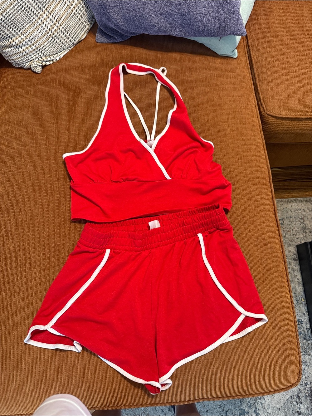 No Boundaries Red Halter Crop Top and Lounge Shorts Set with White Trim